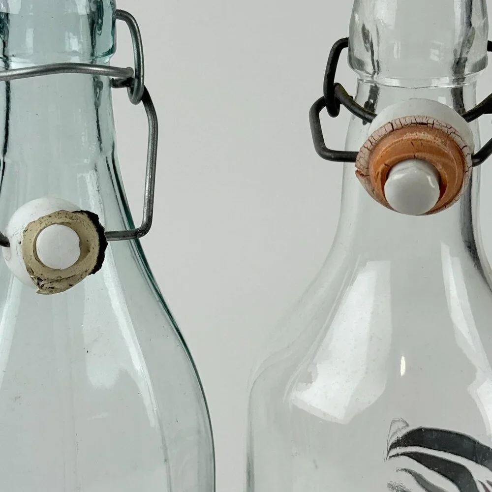 Art Nouveau Le Vin Wine Bottle Set Ceramic Topper Glass Pair 12.5”